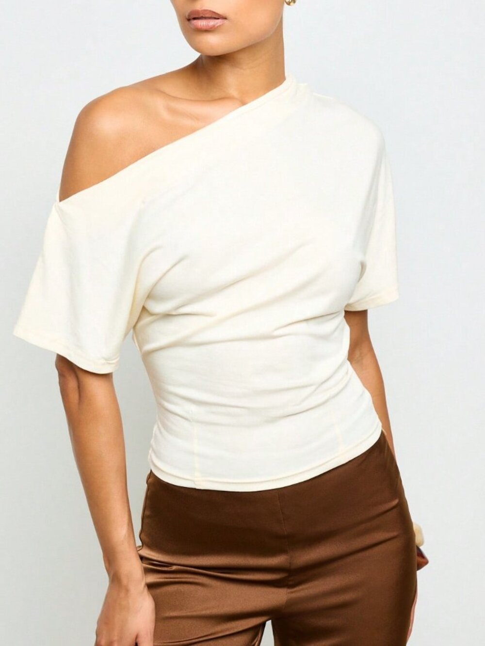 Apricot Casual Women's Asymmetric Off Shoulder Draped Ruched Batwing T-Shirt